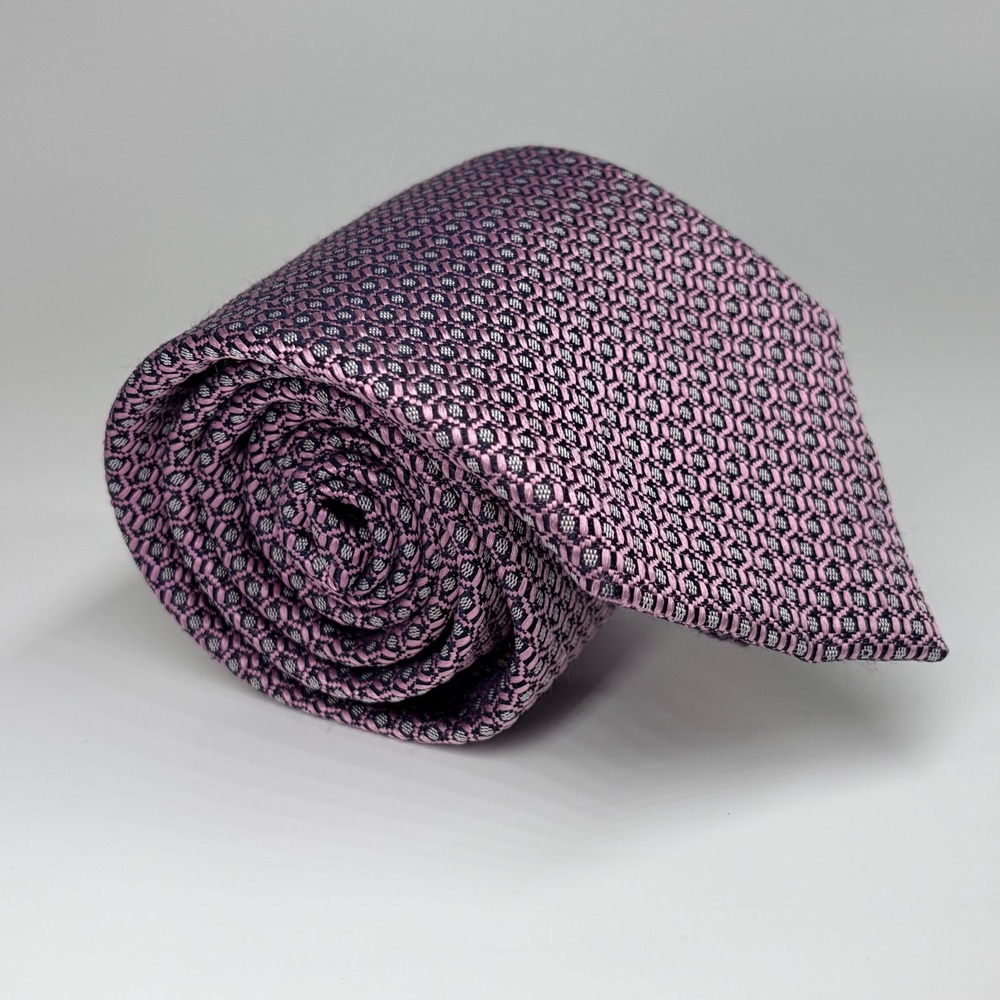 Ermenegildo Zegna Silk Tie Pink Basket Weave Jacquard Geometric Made in Italy